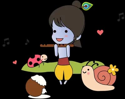 Girl with dark hair sitting among snails and music notes