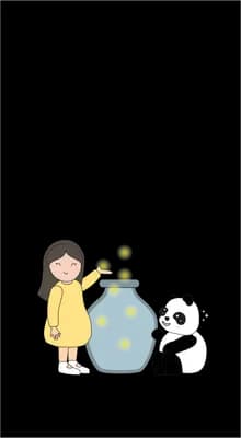 Girl beside a panda and a tall glass of water