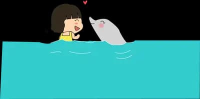 Girl reaching toward a dolphin over a teal water band