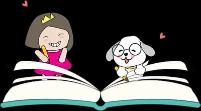 Girl and dog lying on a giant open book