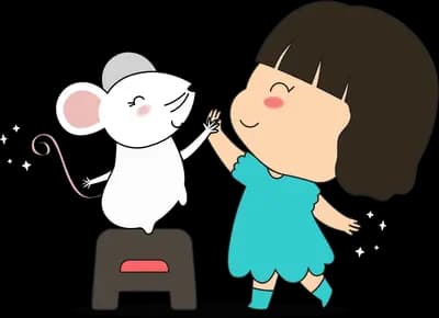 Girl greeting a mouse riding a small scooter