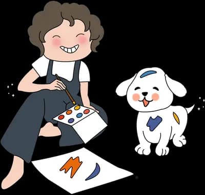 Woman sketching on a large sheet with her dog watching