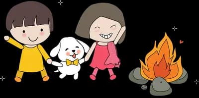Children and a dog gathered around a campfire