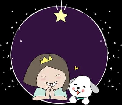 Girl asleep on a book with her dog under a purple moon