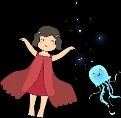 Girl in a red dress reaching toward an octopus and orbs