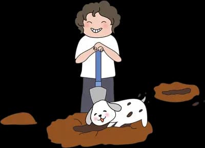 Boy standing on soil with a dog and scattered mounds