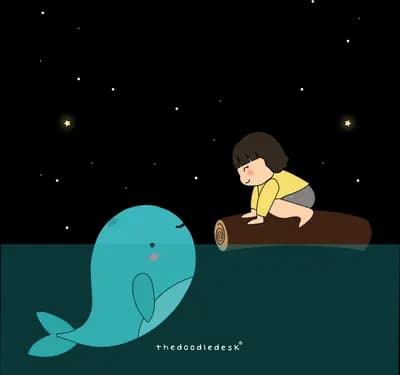 Boy resting on a plank beside a large whale