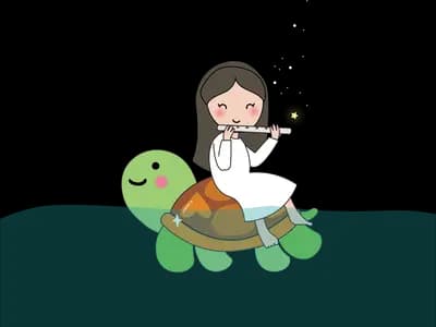 Girl riding on the back of a large turtle