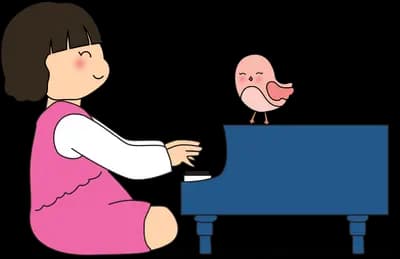 Girl playing a small blue piano with a bird
