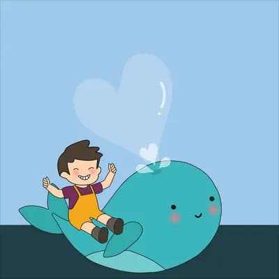 Boy riding a whale spouting a heart of water