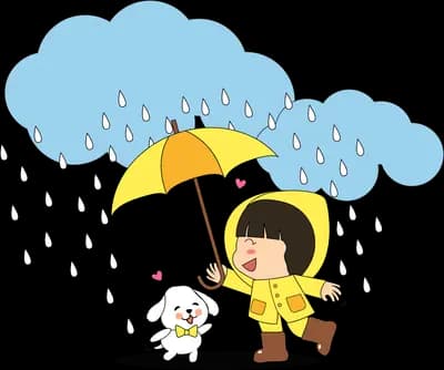 Girl in a raincoat with an umbrella and dog in the rain