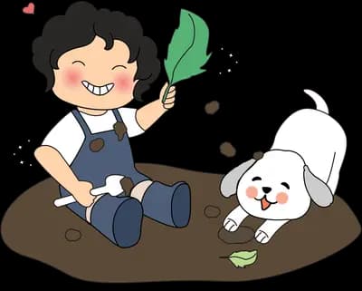Woman planting seedlings in soil with her dog