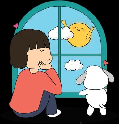 Girl at a window with a bird outside and her dog