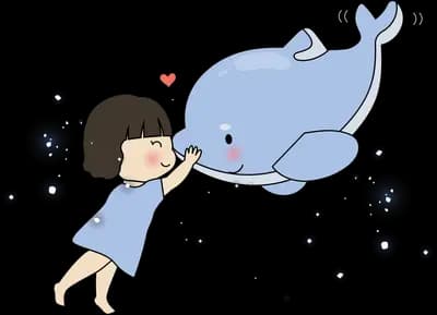 Girl greeting a whale among dark bubbles