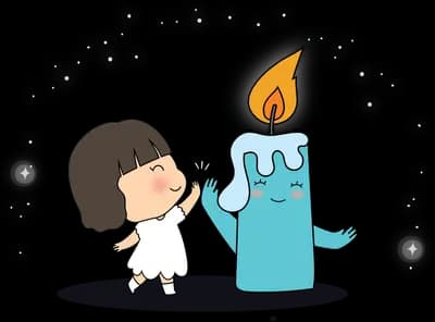 Girl and dog beside a large lit candle