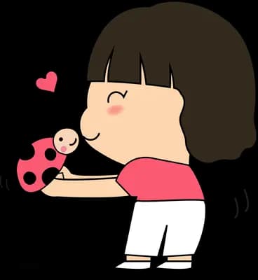 Girl bending to hold a ladybug in her hands