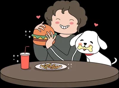 Man eating at a round table with his dog