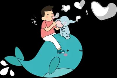 Boy sitting on a whale with a small bird