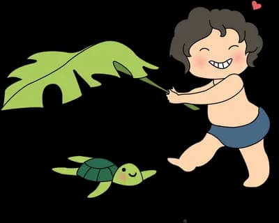 Boy holding a leaf over a turtle in a pond