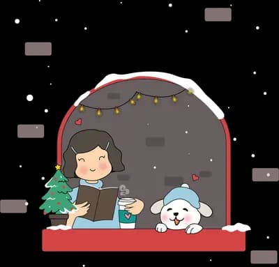 Girl and dog at a window box with fairy lights