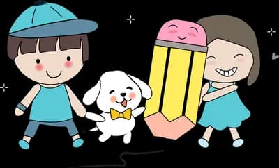 Children with giant pencils and their dog