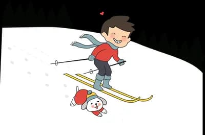 Boy skiing downhill in snow with a dog
