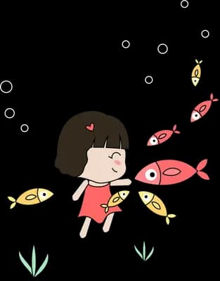 Girl swimming underwater among small fish
