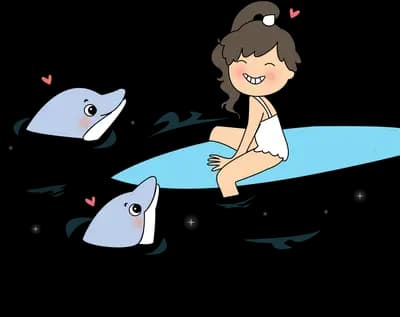 Girl surfing with dolphins alongside