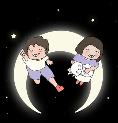 Two children and a dog leaping in a glow
