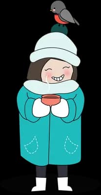 Girl in a winter coat with a bird on her hat