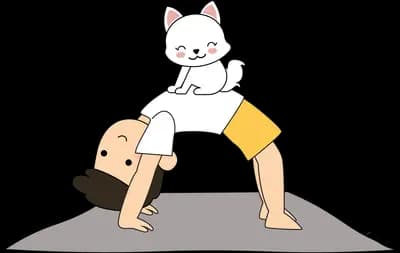 Boy in a yoga pose with a cat on his back