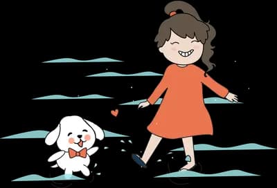 Girl walking through shallow water with her dog