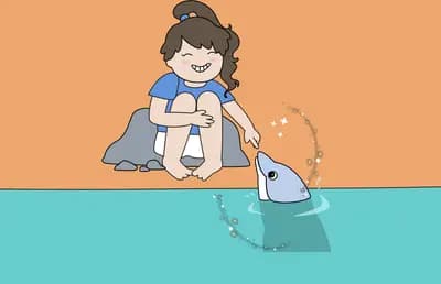 Girl washing her dog by an orange wall