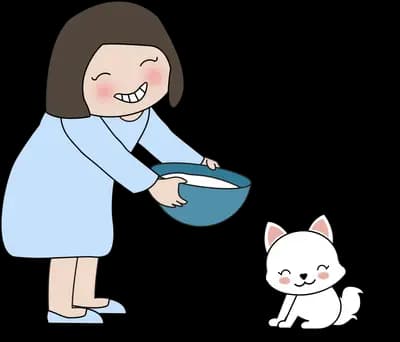 Woman carrying a bowl toward her cat