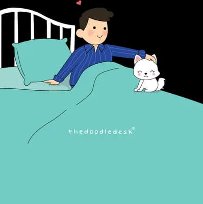 Man sitting on a teal bed with his dog