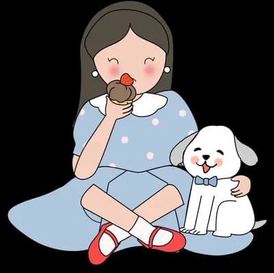 Girl eating on a cushion with her dog