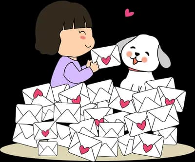 Girl and dog buried in a pile of love letters