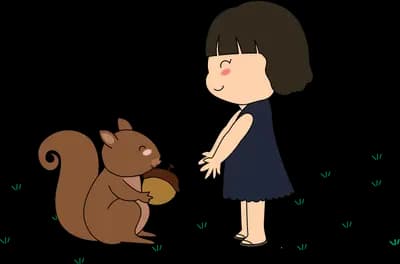 Girl in a navy dress feeding an acorn to a squirrel in falling snow