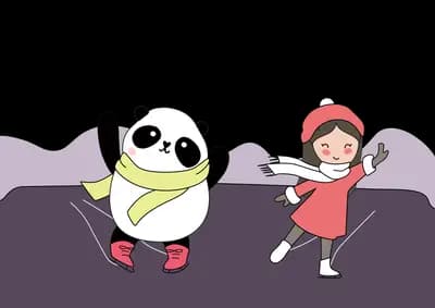 Panda in a scarf and girl in a red coat ice skating in a snowy forest