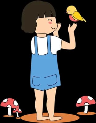 Girl in blue dungarees holding a yellow bird on her finger among mushrooms