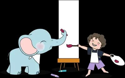 Elephant painting a canvas with its trunk while a girl holds a palette and brush