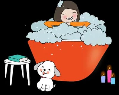 Girl soaking in a red bubble bath with a puppy and a stool of towels beside