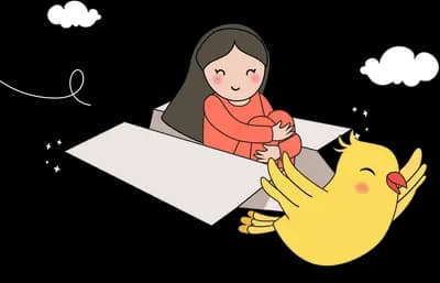 Girl riding a flying board beside a giant yellow chick among clouds