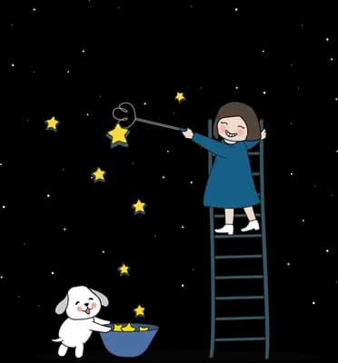 Girl on a ladder picking stars from the sky while a puppy watches a bowl of stars