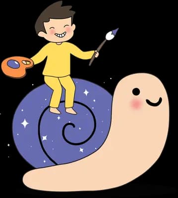 Boy with a palette and brush sitting on a snail whose shell is painted like a galaxy