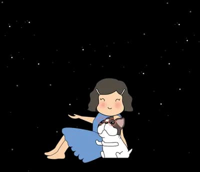 Girl in a blue dress sitting with a white cat amid scattered dark specks