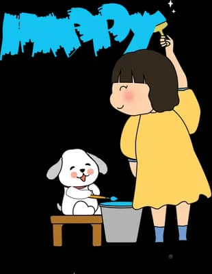 Girl painting the word happy on a wall in blue while a puppy sits by the paint bucket