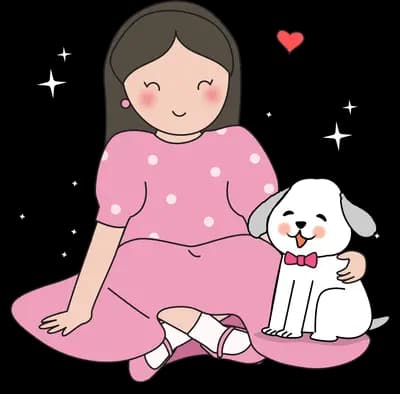 Woman in a pink dress sitting on a cushion with a white puppy beside her