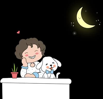 Girl leaning on a table beside a white puppy under a crescent moon
