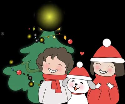 Two children and a white dog in santa hats and scarves beside a decorated christmas tree